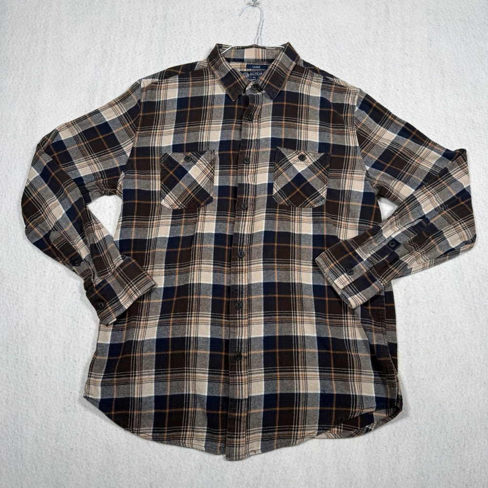 American Rag Mens Brown Plaid Flannel Button Down Shirt Large Long Sleeve Cotton